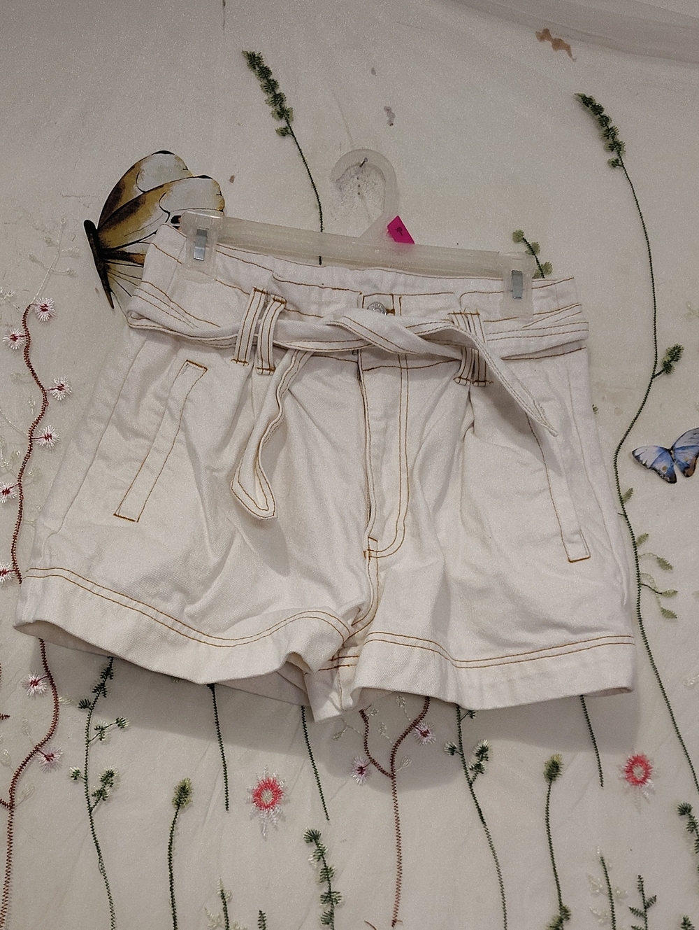 Forever 21 White High Waisted Denim Shorts Belted Contrast Stitching